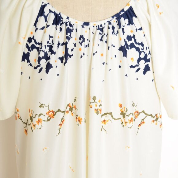 vintage 70s maxi dress cream navy floral border print caftan tent hippie boho M - Picture 11 of 11